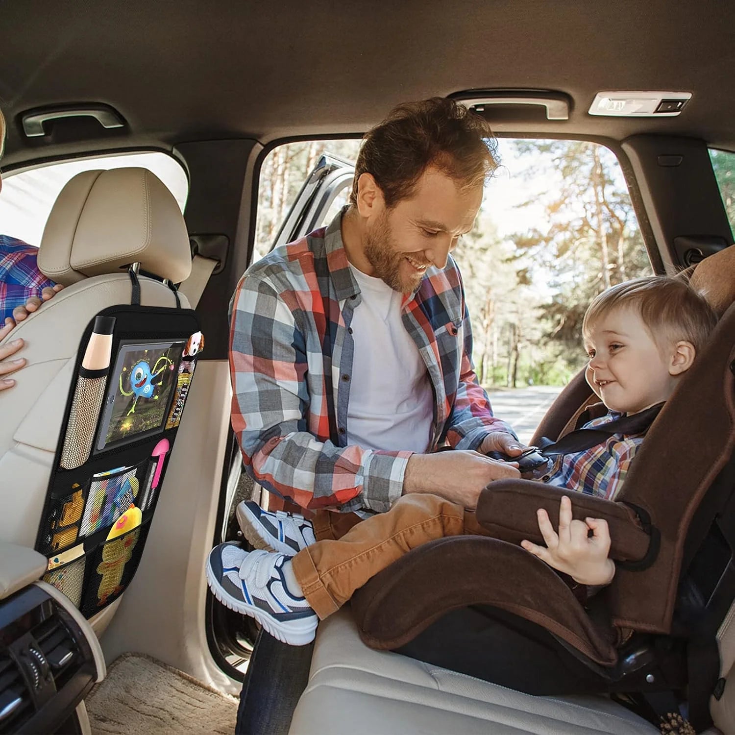 Backseat Car Organizer, Kick Mats Back Seat Protector with Touch Screen Tablet Holder, Back Seat Organizer for Kids, Travel Accessories with 9 Storage Pockets 2 Pack (Black)