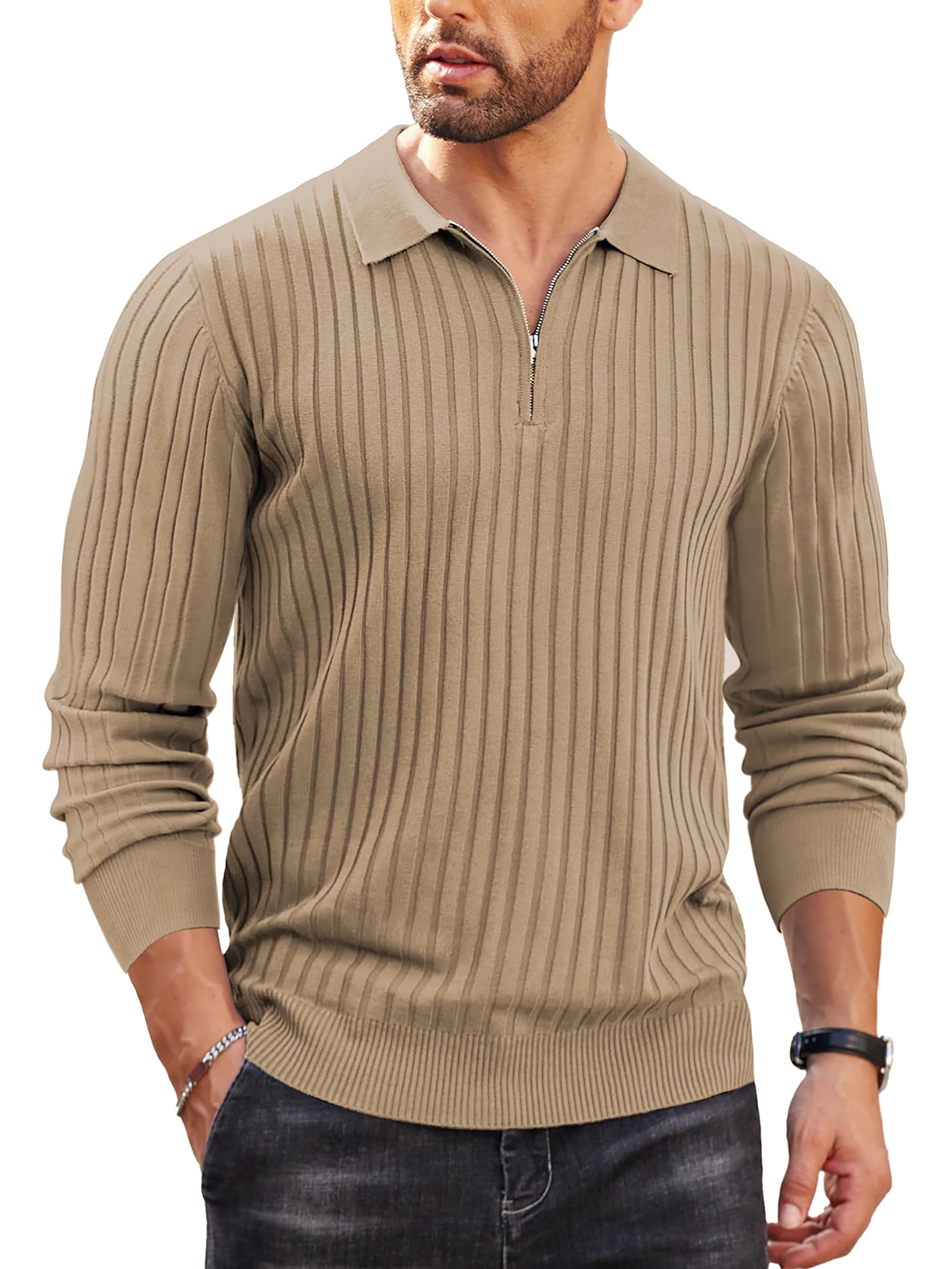 Polo Shirts for Men Casual Long Sleeve Mens Shirts Zipper Ribbed Knit Shirt