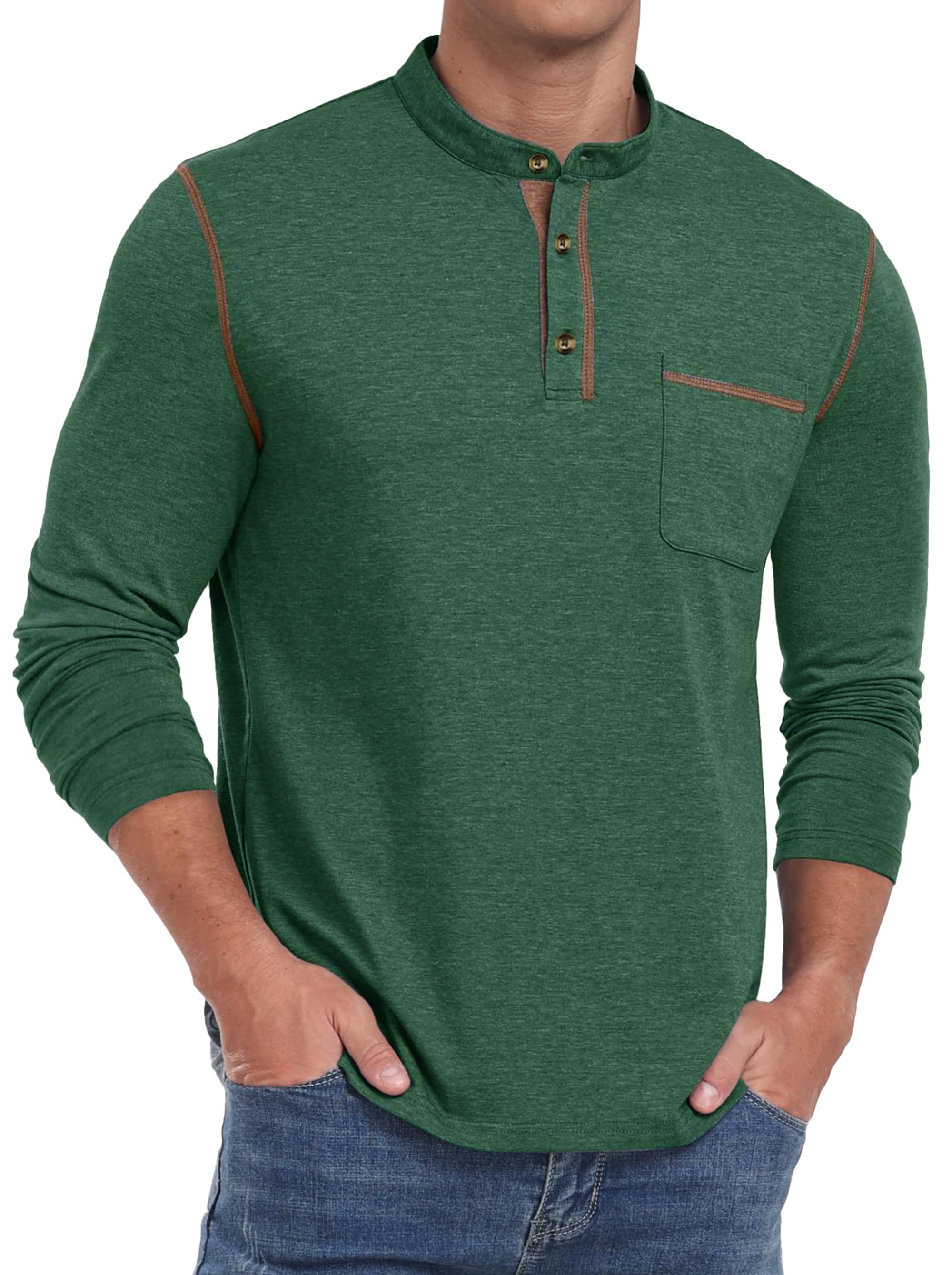 Mens Henley Shirts Long Sleeve Casual Tops Lightweight Pullover Shirt Button Cotton T-Shirt with Pocket