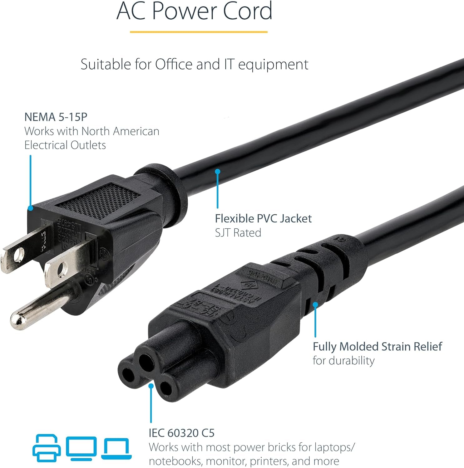 .Com 6Ft (1.8M) Laptop Power Cord NEMA 5-15P to C5 (Mickey Mouse) 10A 125V 18AWG Laptop Replacement Charger Cord Brick Cord - UL Listed (PXT101NB3S)