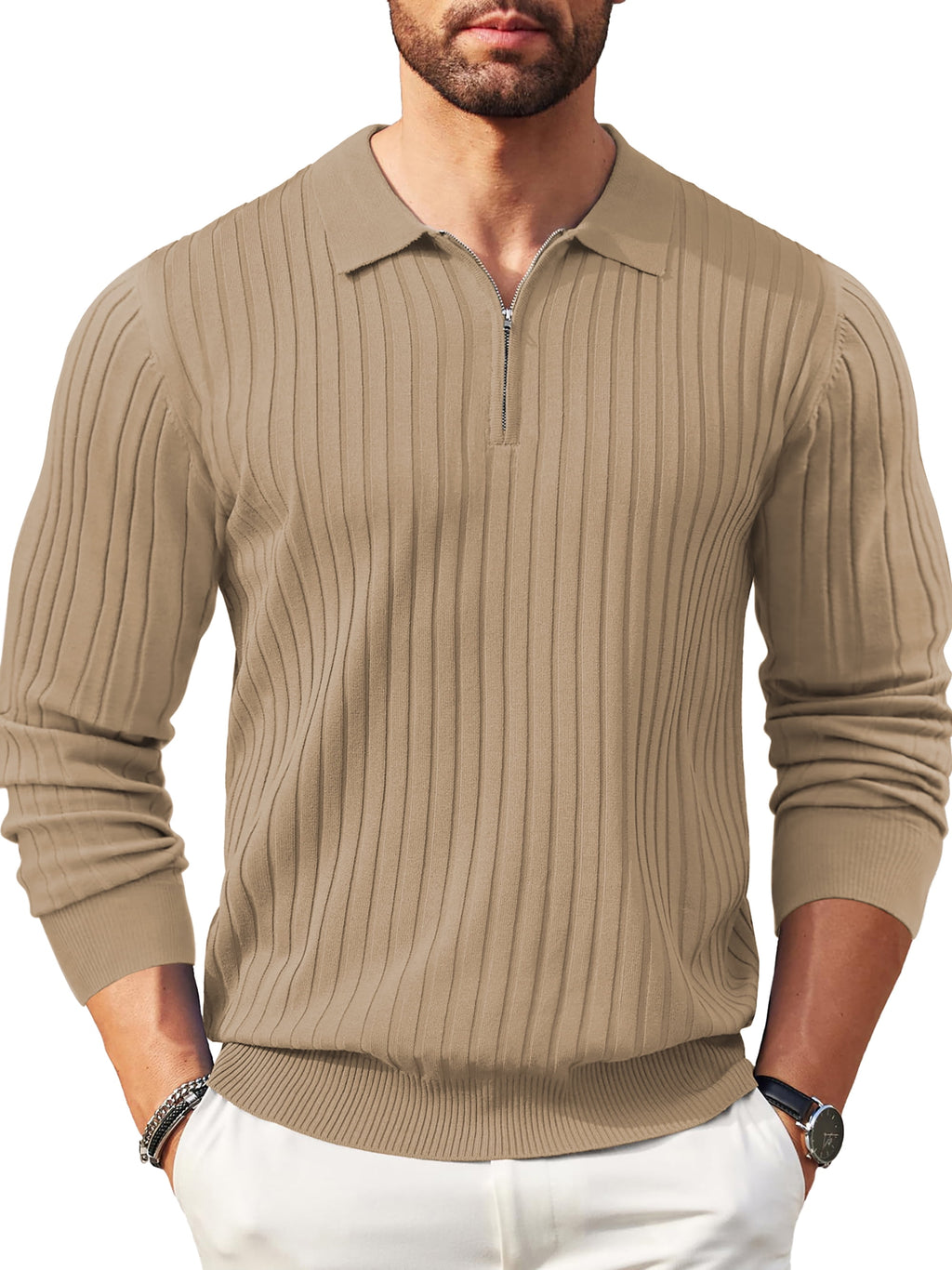 Polo Shirts for Men Casual Long Sleeve Mens Shirts Zipper Ribbed Knit Shirt