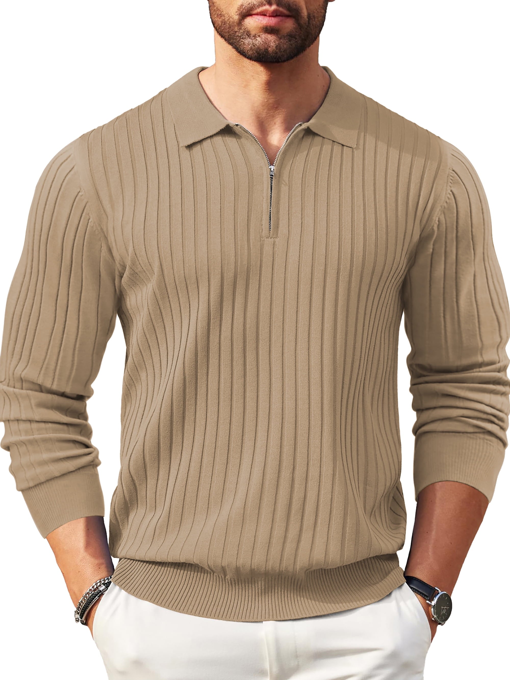 Polo Shirts for Men Casual Long Sleeve Mens Shirts Zipper Ribbed Knit Shirt