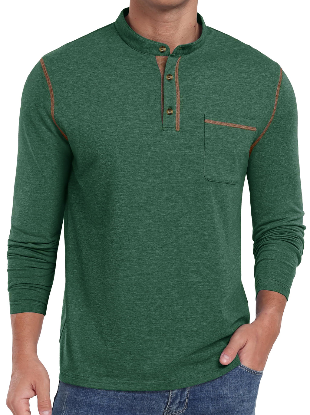Mens Henley Shirts Long Sleeve Casual Tops Lightweight Pullover Shirt Button Cotton T-Shirt with Pocket