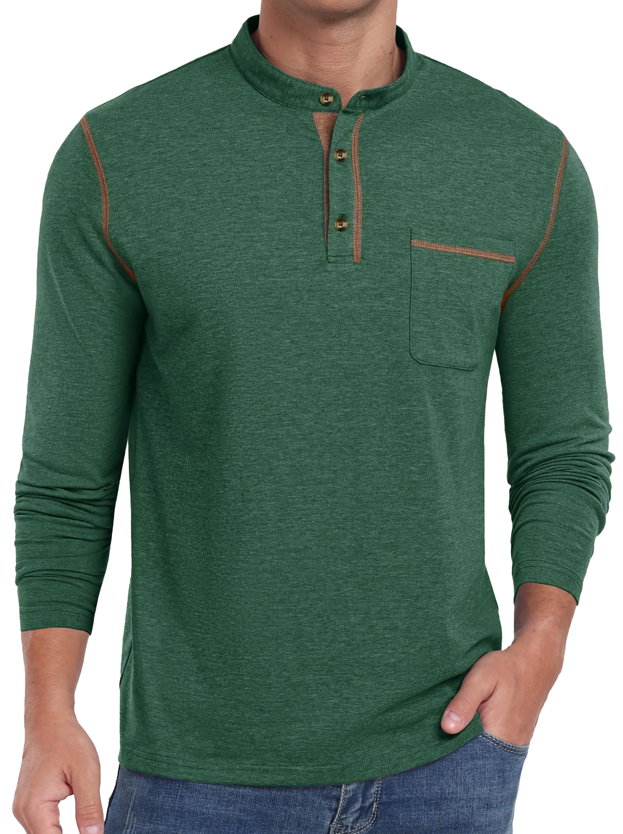 Mens Henley Shirts Long Sleeve Casual Tops Lightweight Pullover Shirt Button Cotton T-Shirt with Pocket