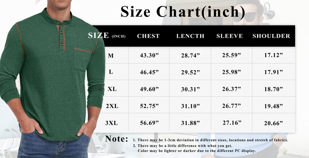 Mens Henley Shirts Long Sleeve Casual Tops Lightweight Pullover Shirt Button Cotton T-Shirt with Pocket