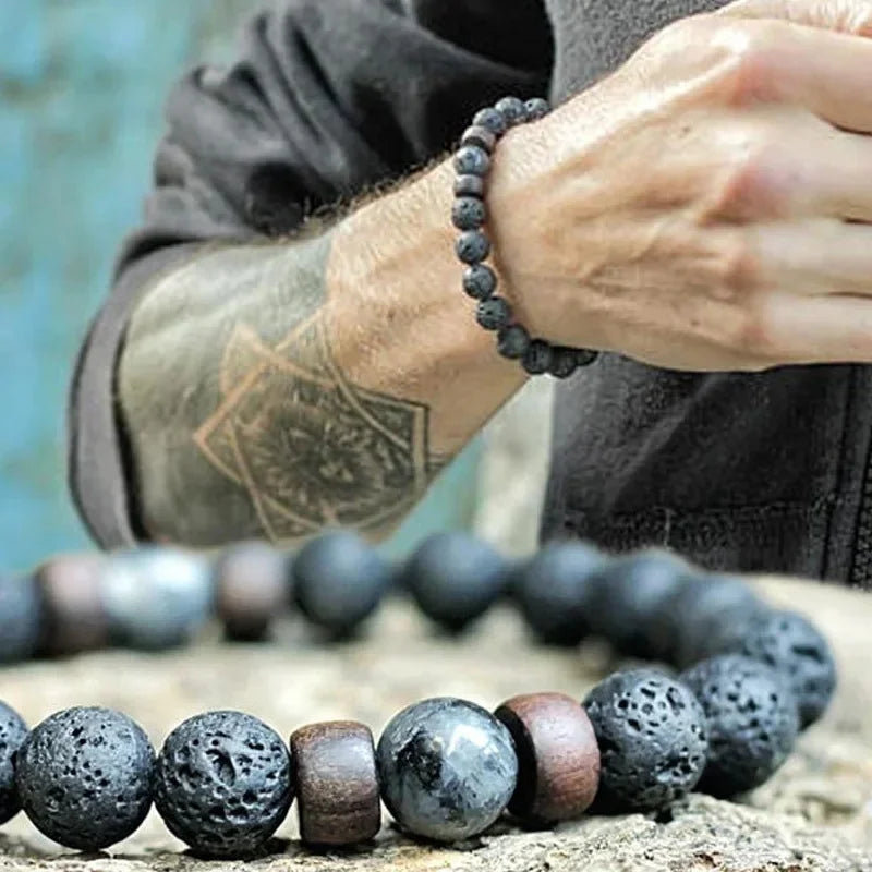 8Mm Volcanic Stone Bracelet for Men Lava Wooden Beads Bracelet Tibetan Buddha Male Wrist Chain Jewelry Handmade Elastic Bracelet